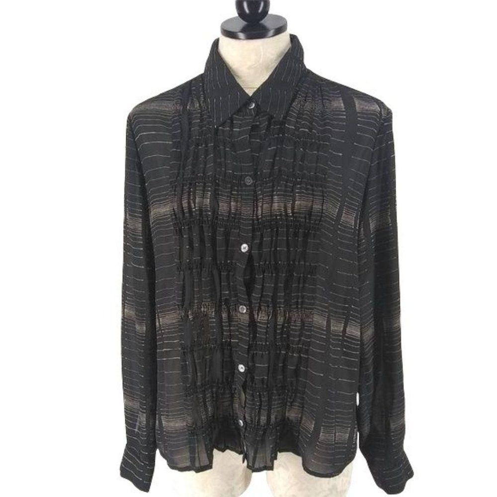Liz Claiborne Collection Black Tan Striped Smocked Button Front Blouse 12